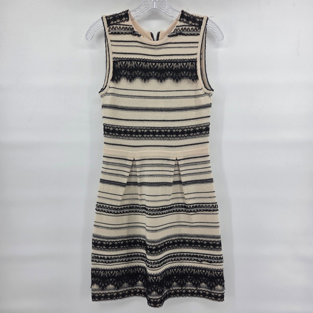 Nanette Lepore Knit Dress S Cream Black Lace Merino Wool Boho Eclectic Elegant